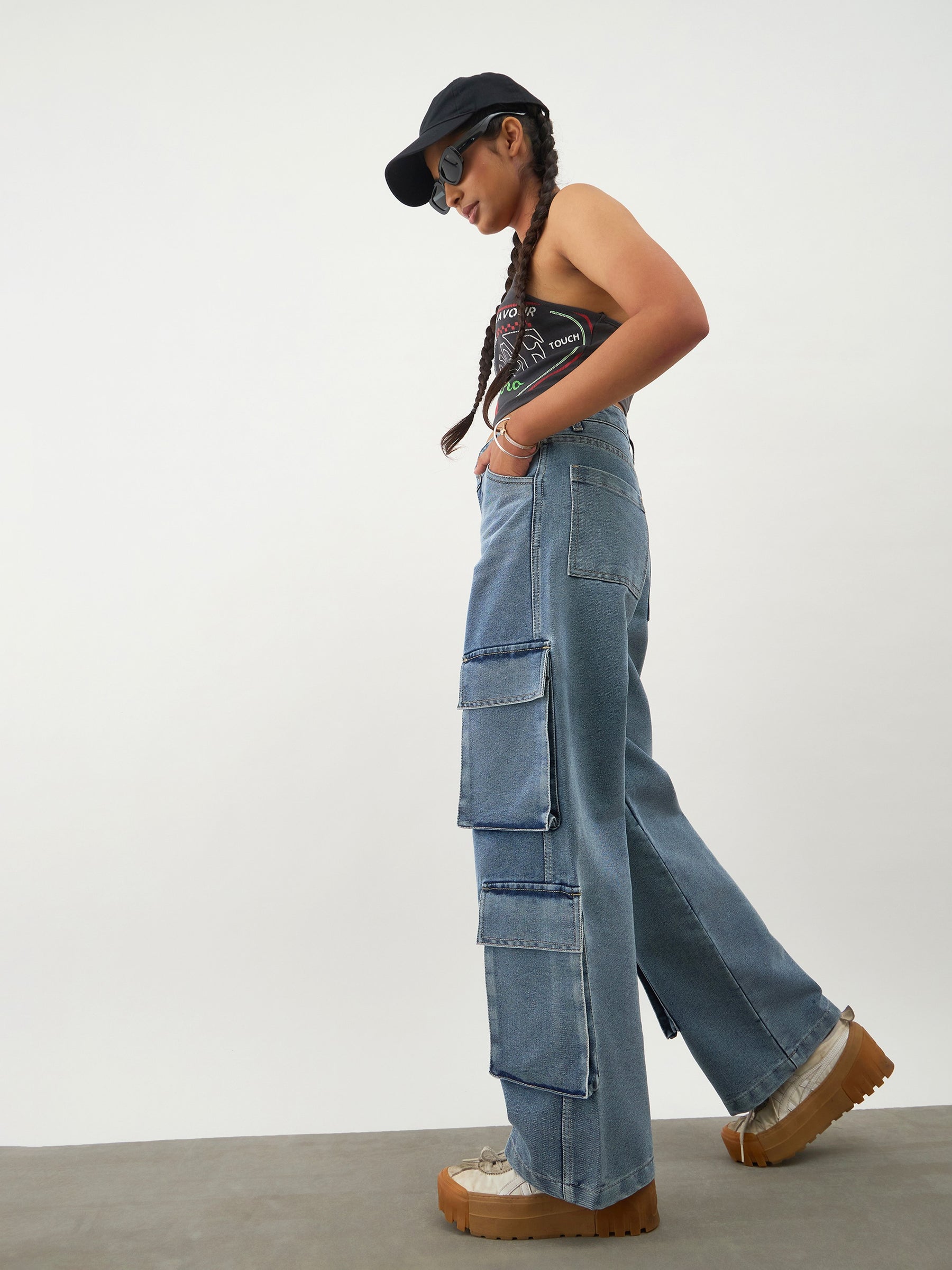 Girls Blue Blast Multi Pockets Denim Cargo Jeans