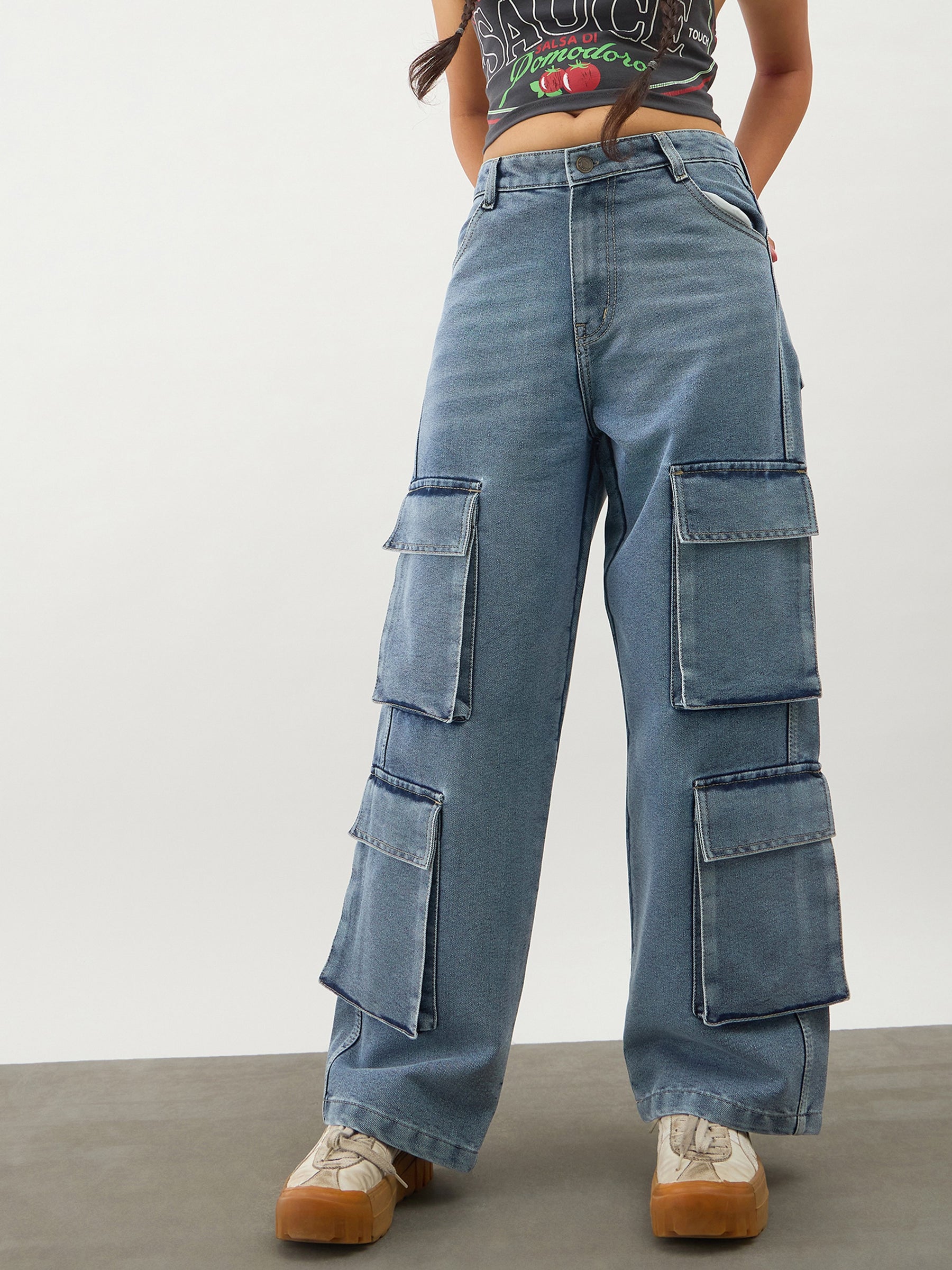 Girls Blue Blast Multi Pockets Denim Cargo Jeans