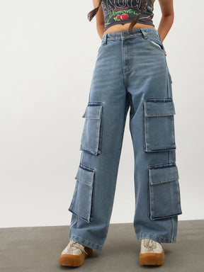Girls Blue Blast Multi Pockets Denim Cargo Jeans