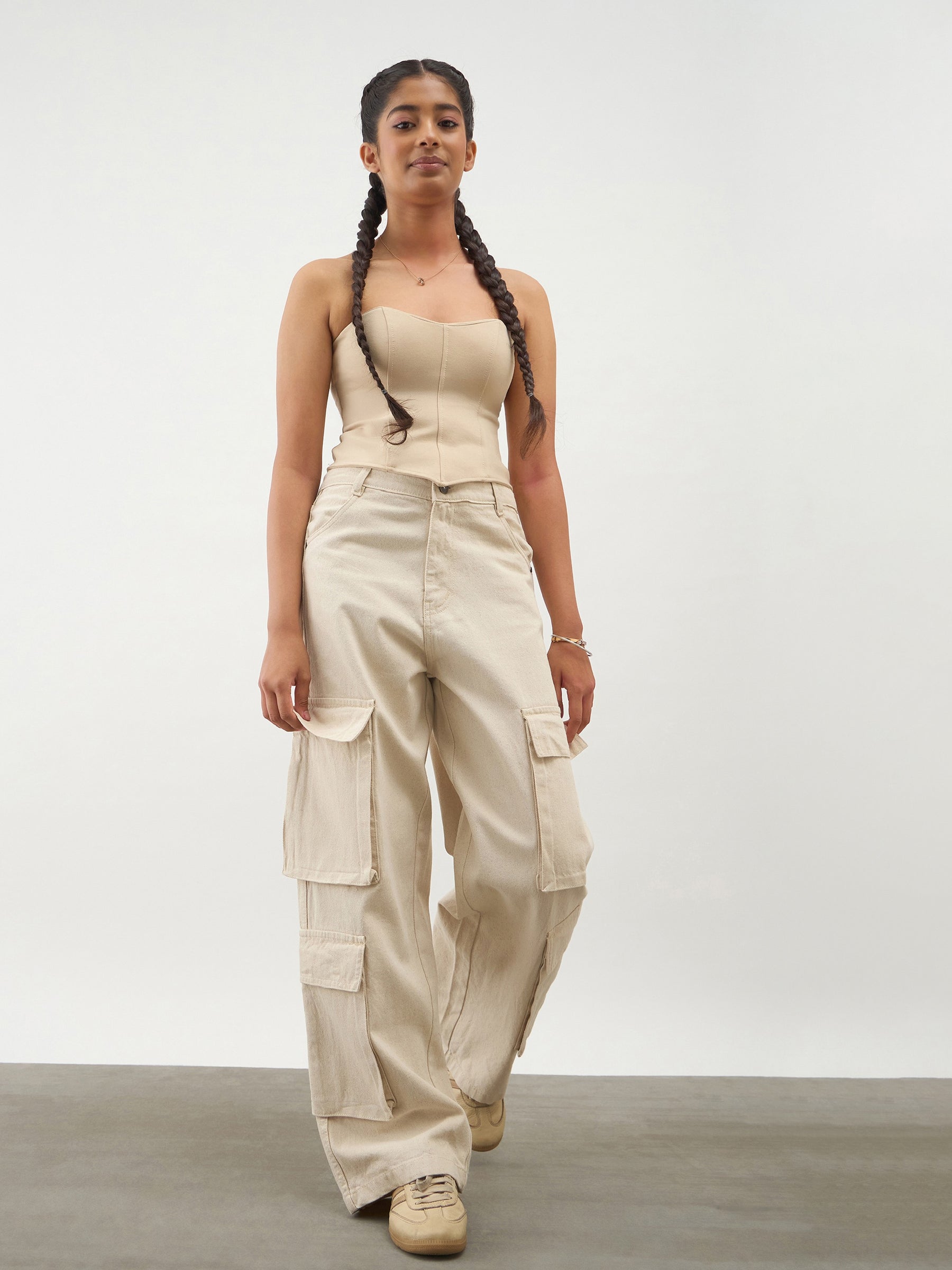 Beige Multi Pockets Denim Cargo Jeans-Noh.Voh 