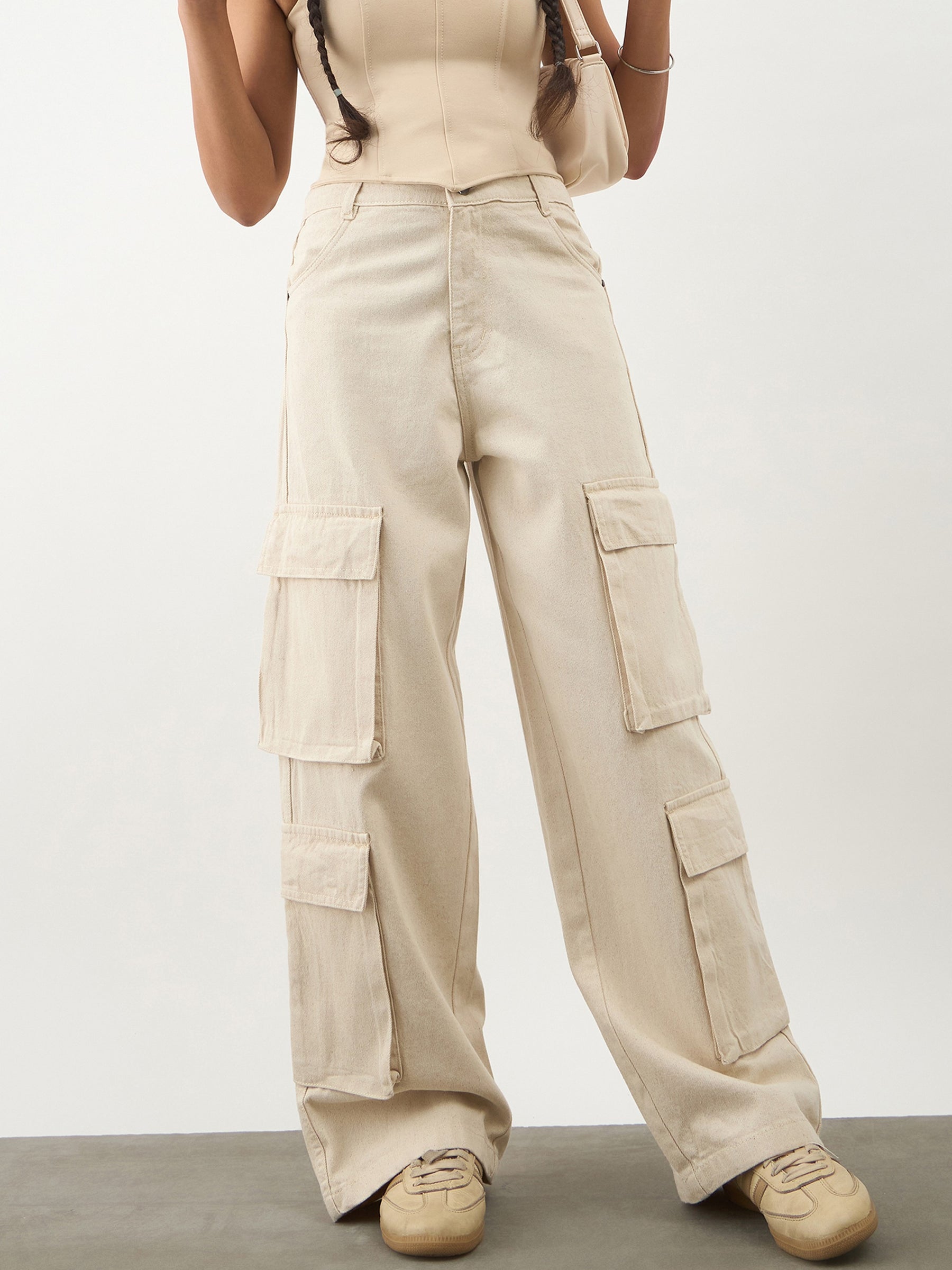 Beige Multi Pockets Denim Cargo Jeans-Noh.Voh 