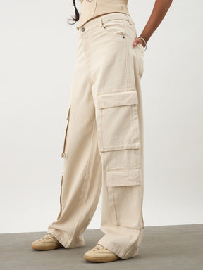 Beige Multi Pockets Denim Cargo Jeans-Noh.Voh 