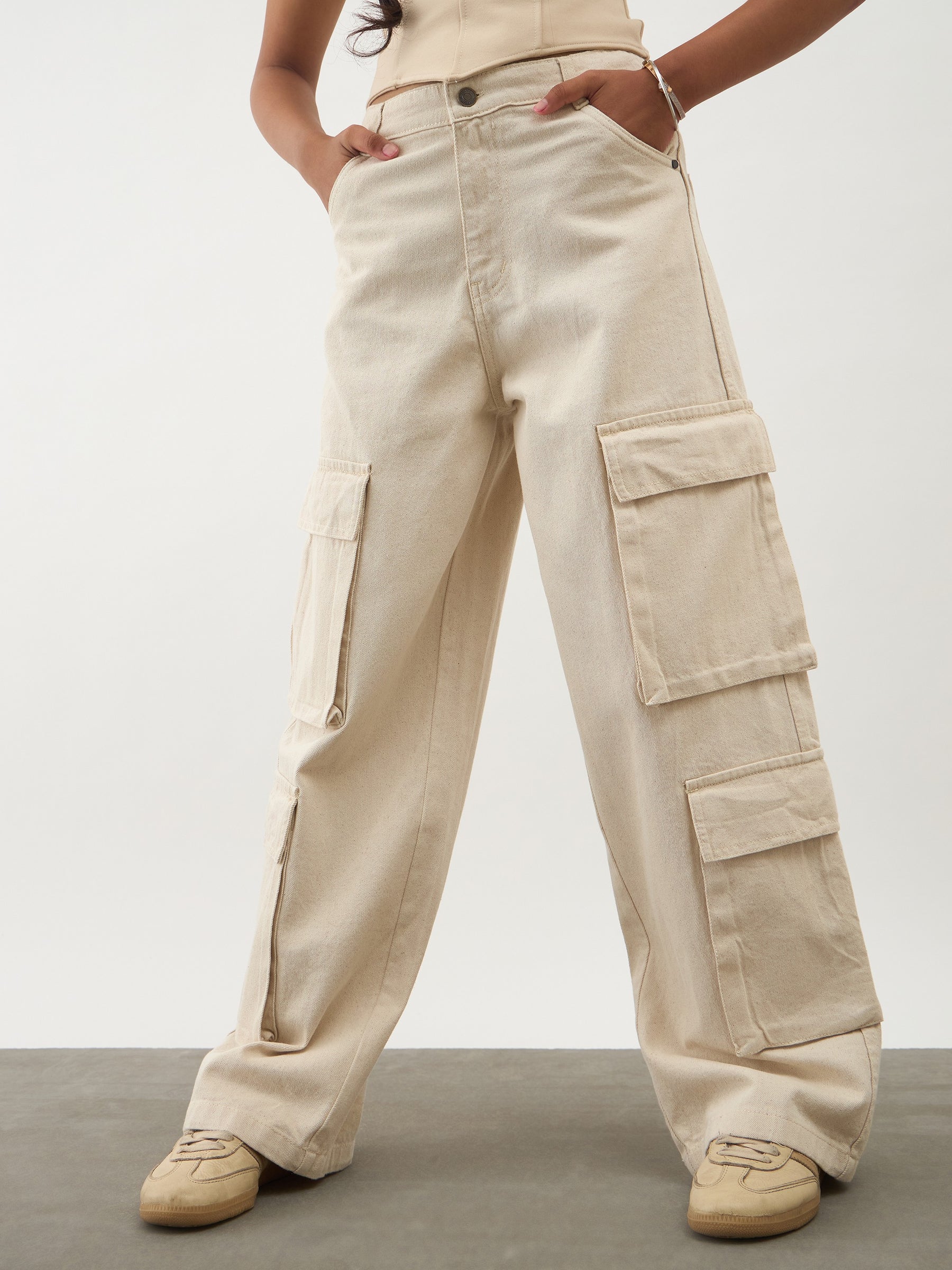 Beige Multi Pockets Denim Cargo Jeans-Noh.Voh 