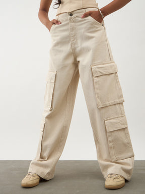 Beige Multi Pockets Denim Cargo Jeans-Noh.Voh 