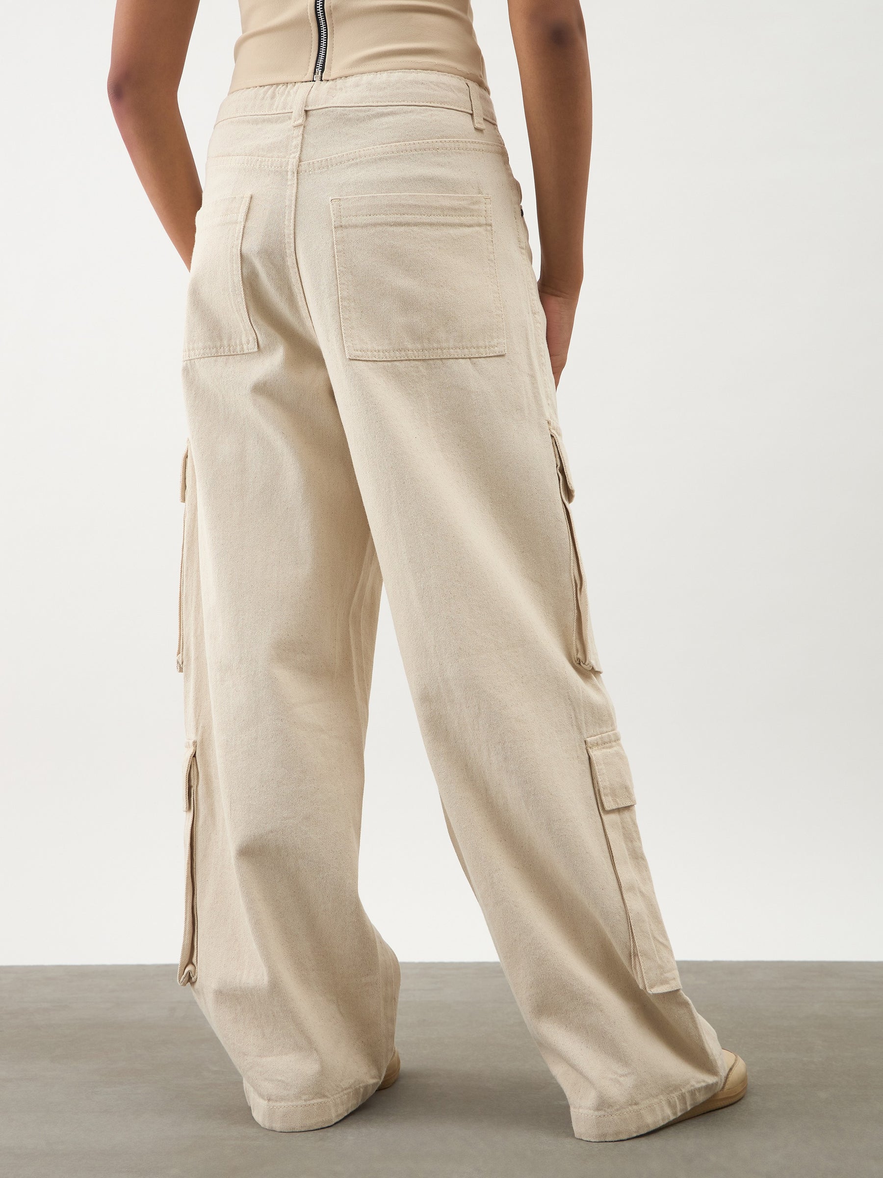 Girls Beige Multi Pockets Denim Cargo Jeans