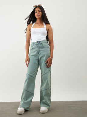 Green Acid Wash Denim Thread Detail Ankle Length Jeans-Noh.Voh 