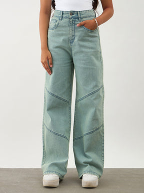 Green Acid Wash Denim Thread Detail Ankle Length Jeans-Noh.Voh 