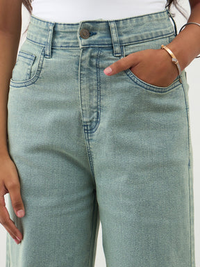 Green Acid Wash Denim Thread Detail Ankle Length Jeans-Noh.Voh 
