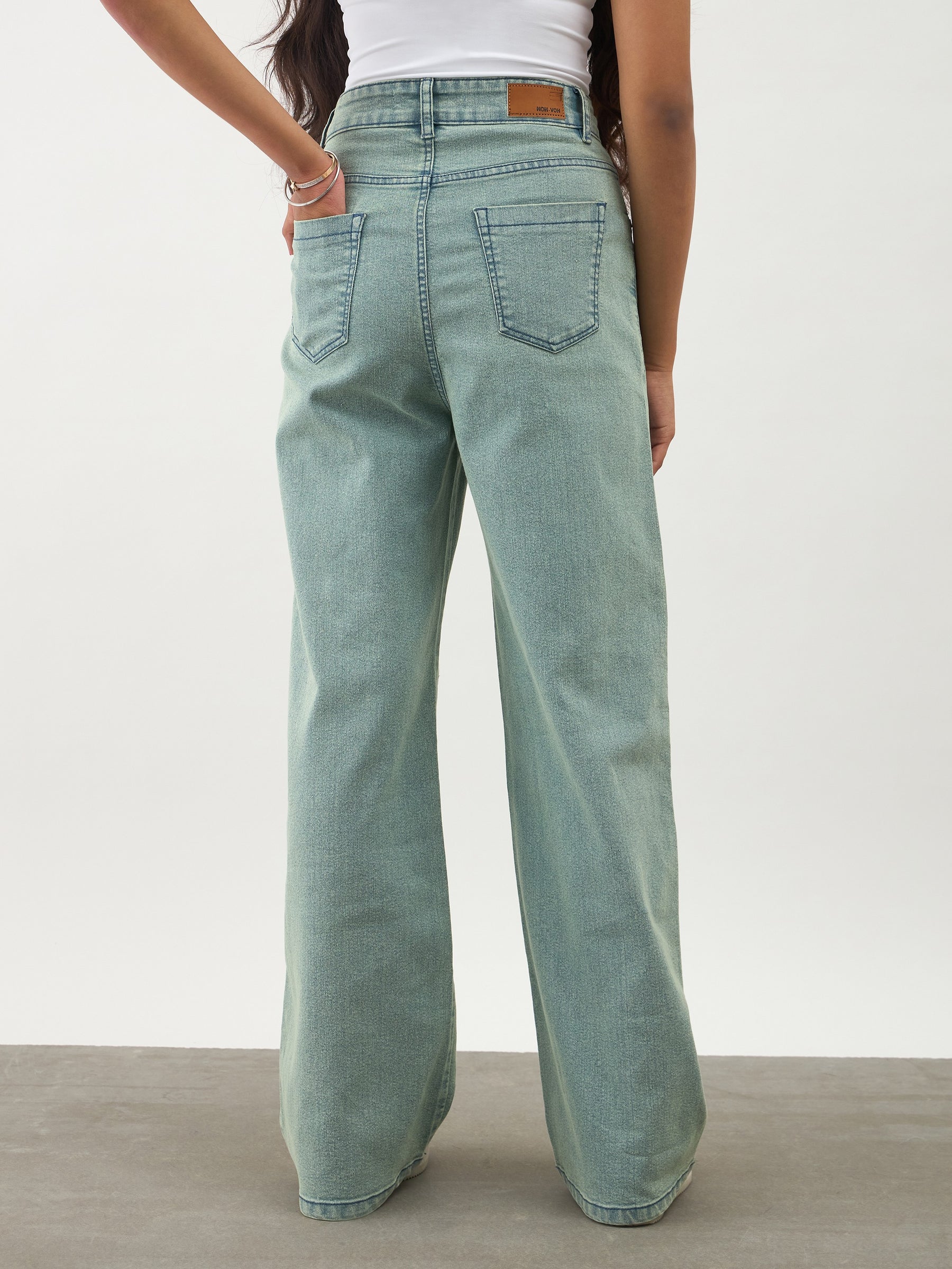 Girls Green Acid Wash Denim Thread Detail Ankle Length Jeans