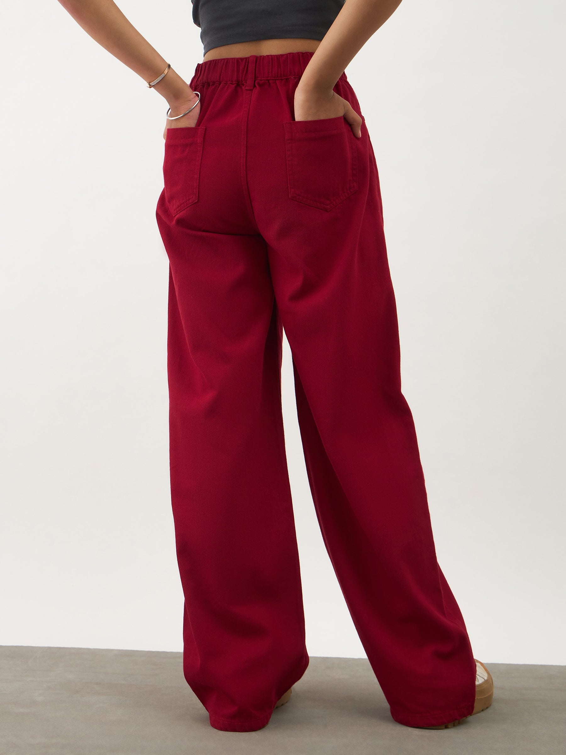 Girls Red Denim Ankle Length Jeans