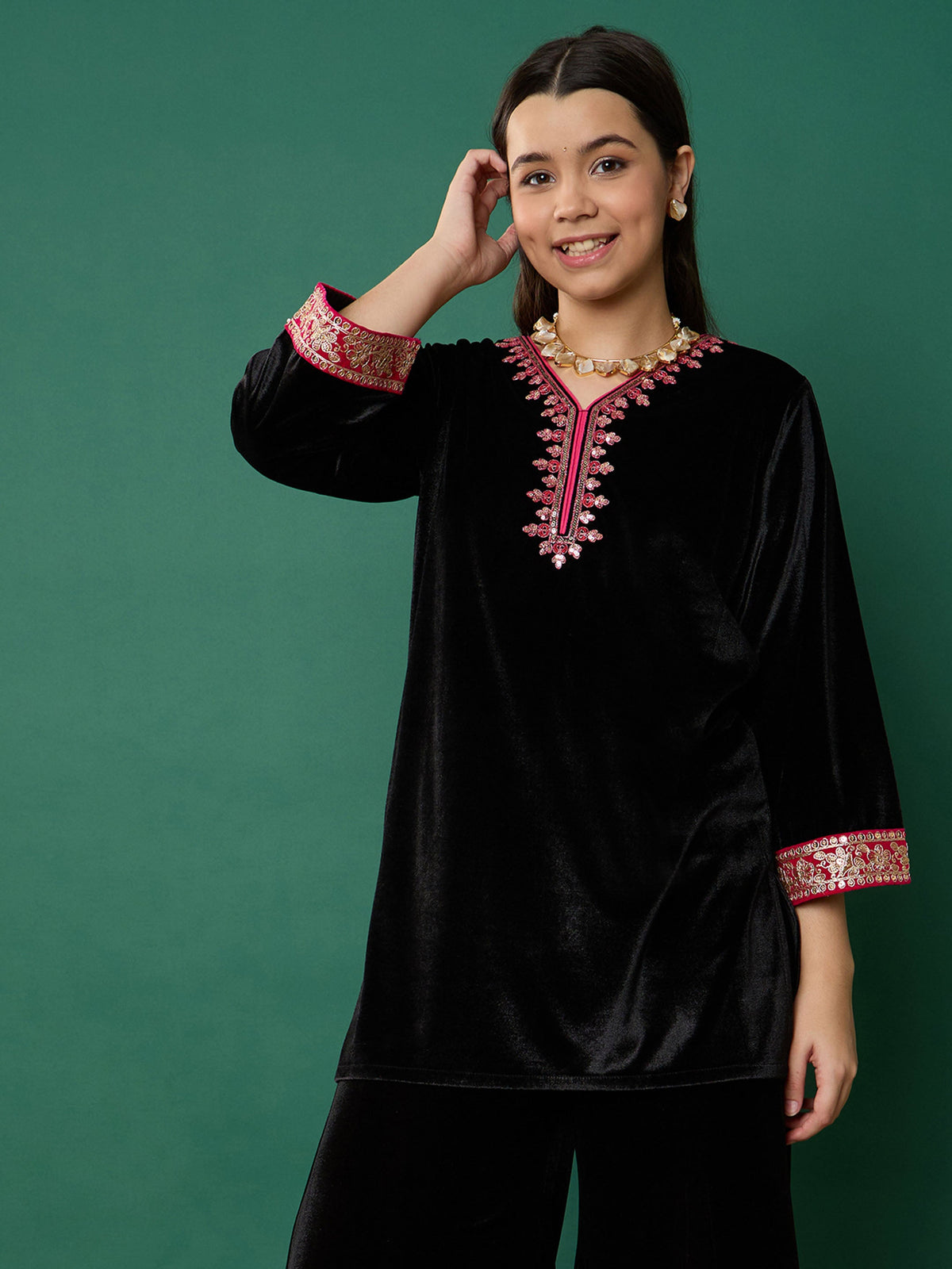 Black Velvet Contrast Embroidered Short Kurta-Noh.Voh