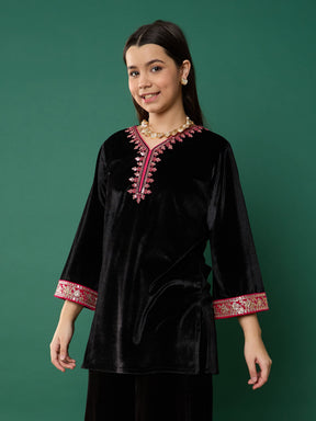 Black Velvet Contrast Embroidered Short Kurta-Noh.Voh