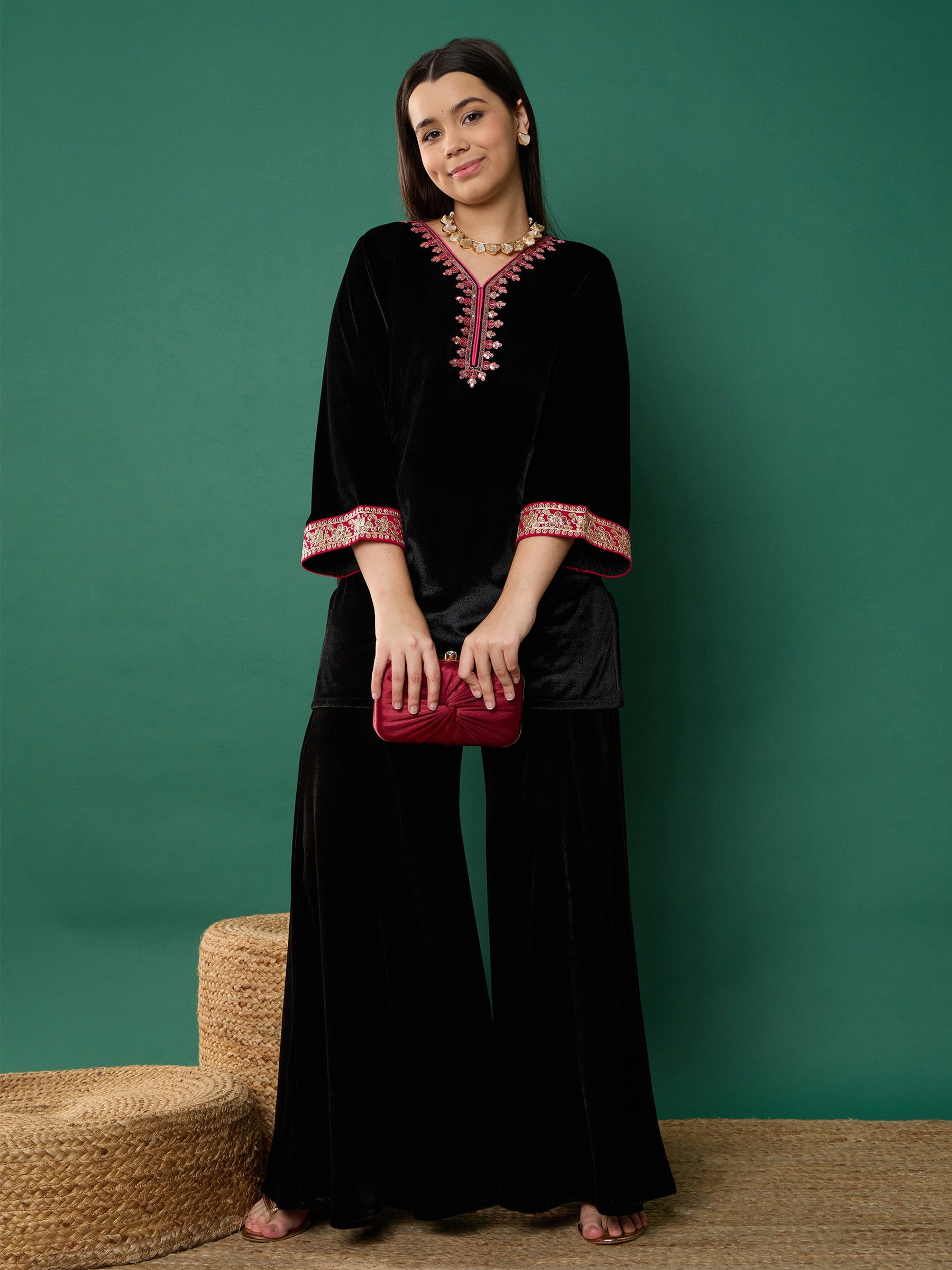 Black Velvet Contrast Embroidered Short Kurta with Kali Palazzos-Noh.Voh