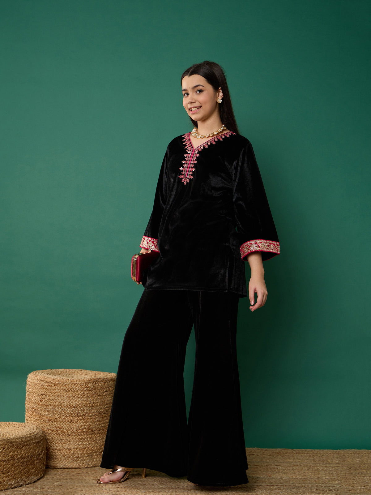 Black Velvet Contrast Embroidered Short Kurta with Kali Palazzos-Noh.Voh