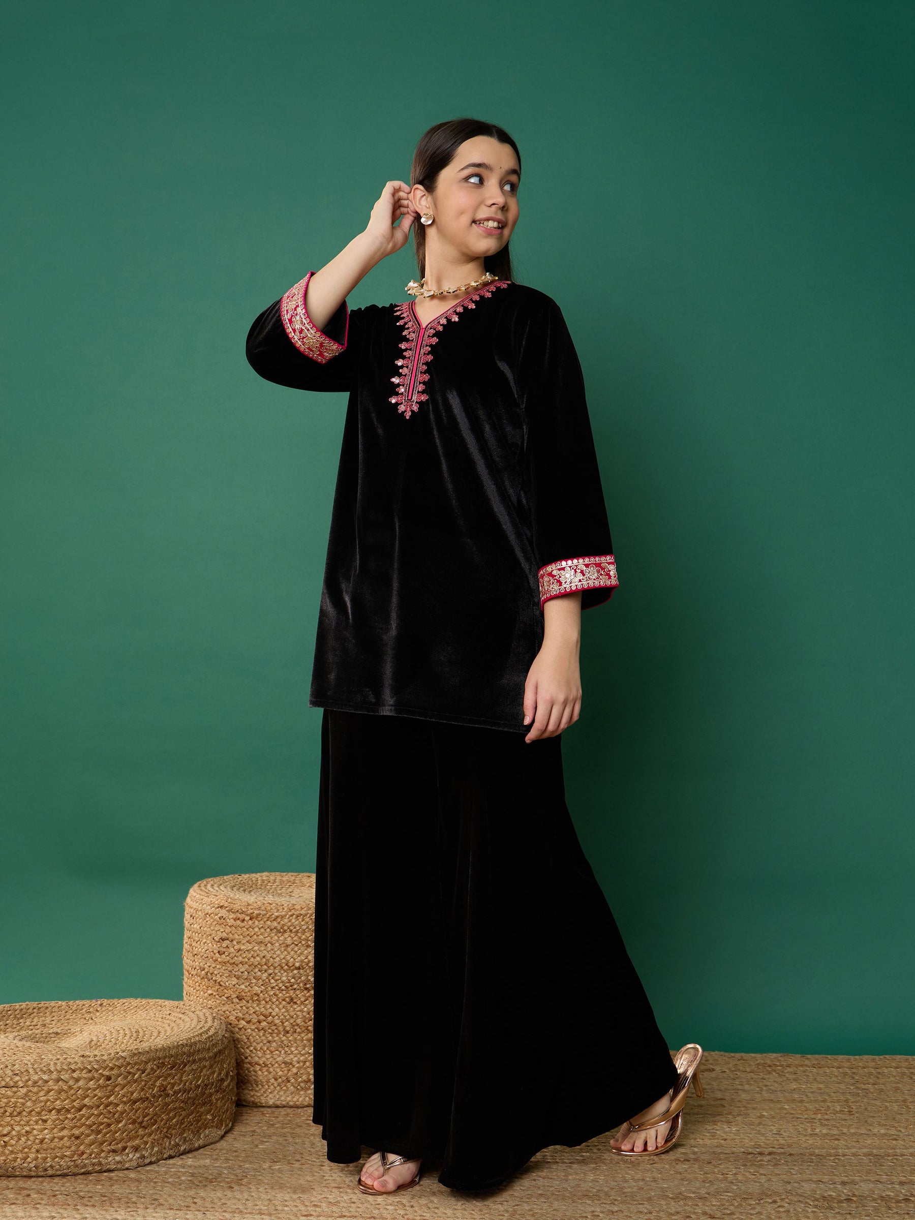 Black Velvet Contrast Embroidered Short Kurta with Kali Palazzos-Noh.Voh