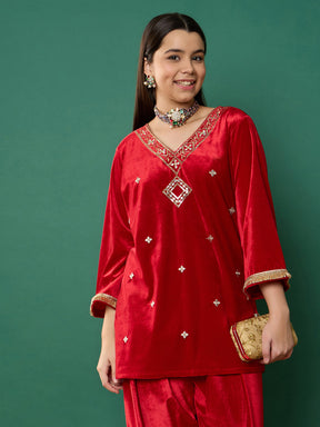 Red Velvet Embroidered V-Neck Short Kurta-Noh.Voh