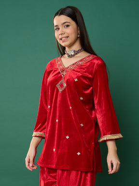 Red Velvet Embroidered V-Neck Short Kurta-Noh.Voh