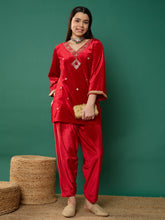 Red Velvet Embroidered V-Neck Short Kurta with Salwar-Noh.Voh