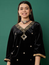 Black Velvet Embroidered V-Neck Short Kurta-Noh.Voh