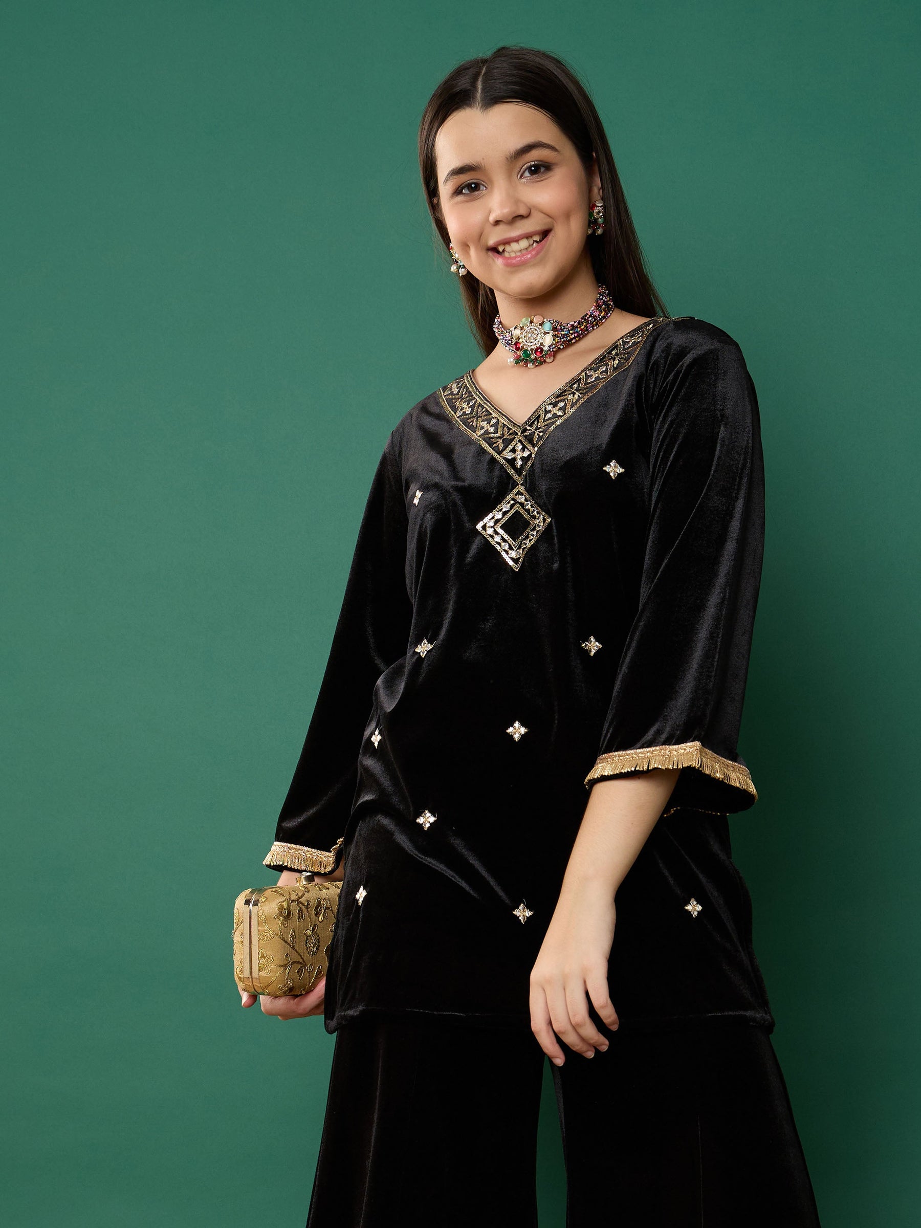 Black Velvet Embroidered V-Neck Short Kurta-Noh.Voh