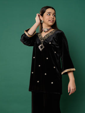 Black Velvet Embroidered V-Neck Short Kurta-Noh.Voh