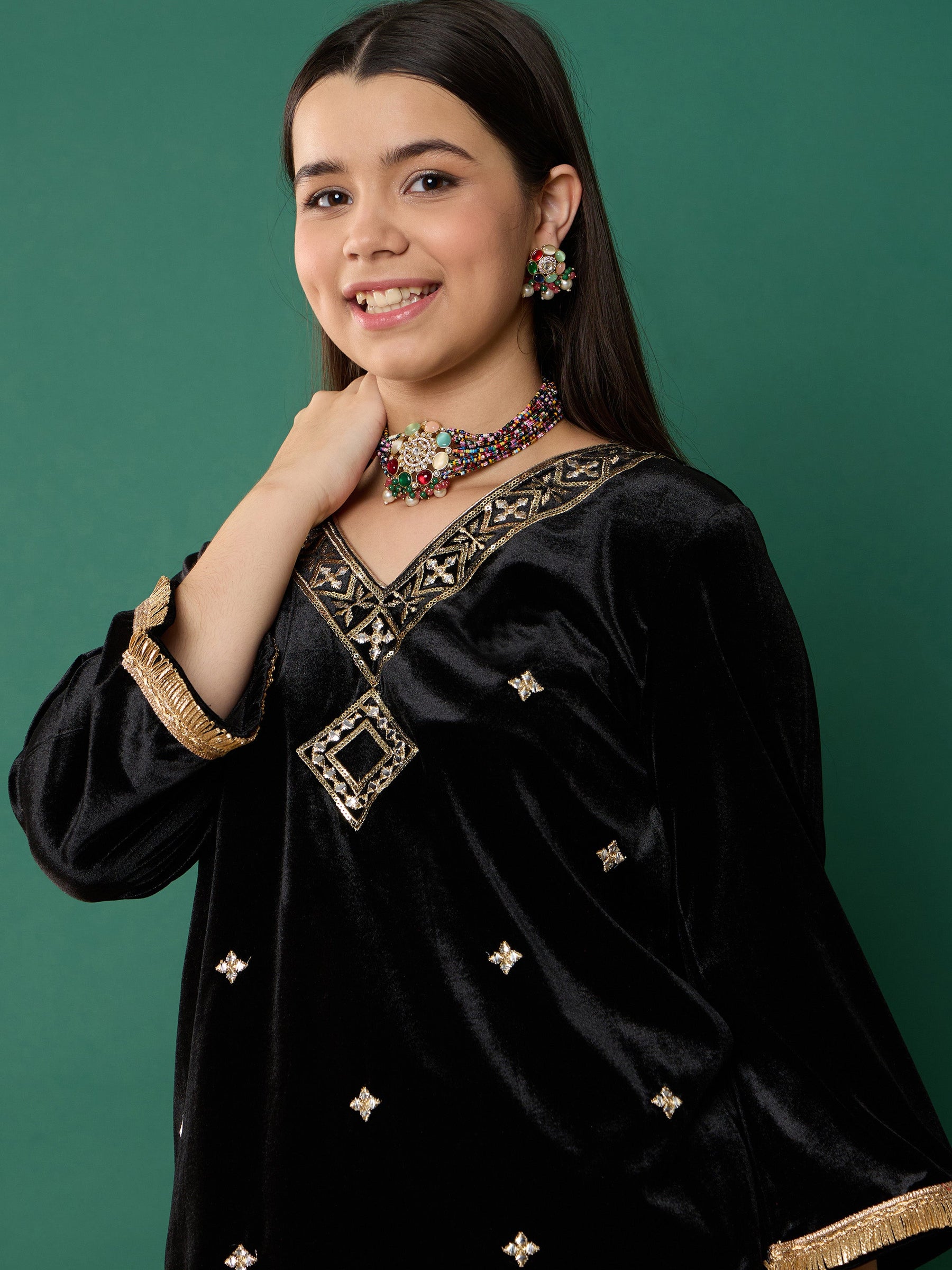 Black Velvet Embroidered V-Neck Short Kurta-Noh.Voh