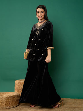 Black Velvet Embroidered V-Neck Short Kurta with Kali Palazzos-Noh.Voh