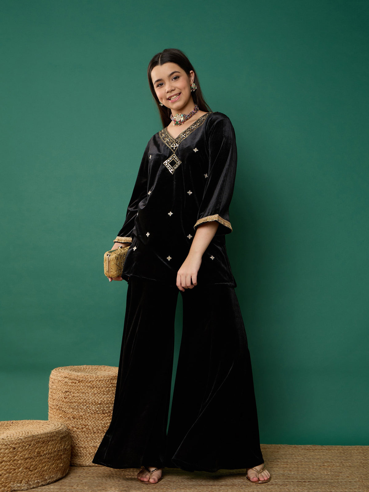 Black Velvet Embroidered V-Neck Short Kurta with Kali Palazzos-Noh.Voh