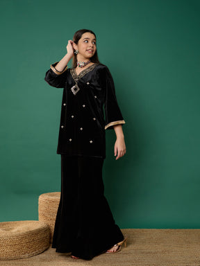 Black Velvet Embroidered V-Neck Short Kurta with Kali Palazzos-Noh.Voh