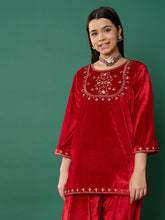 Red Velvet Embroidered Short Kurta-Noh.Voh