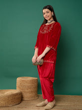 Red Velvet Embroidered Short Kurta with Salwar-Noh.Voh