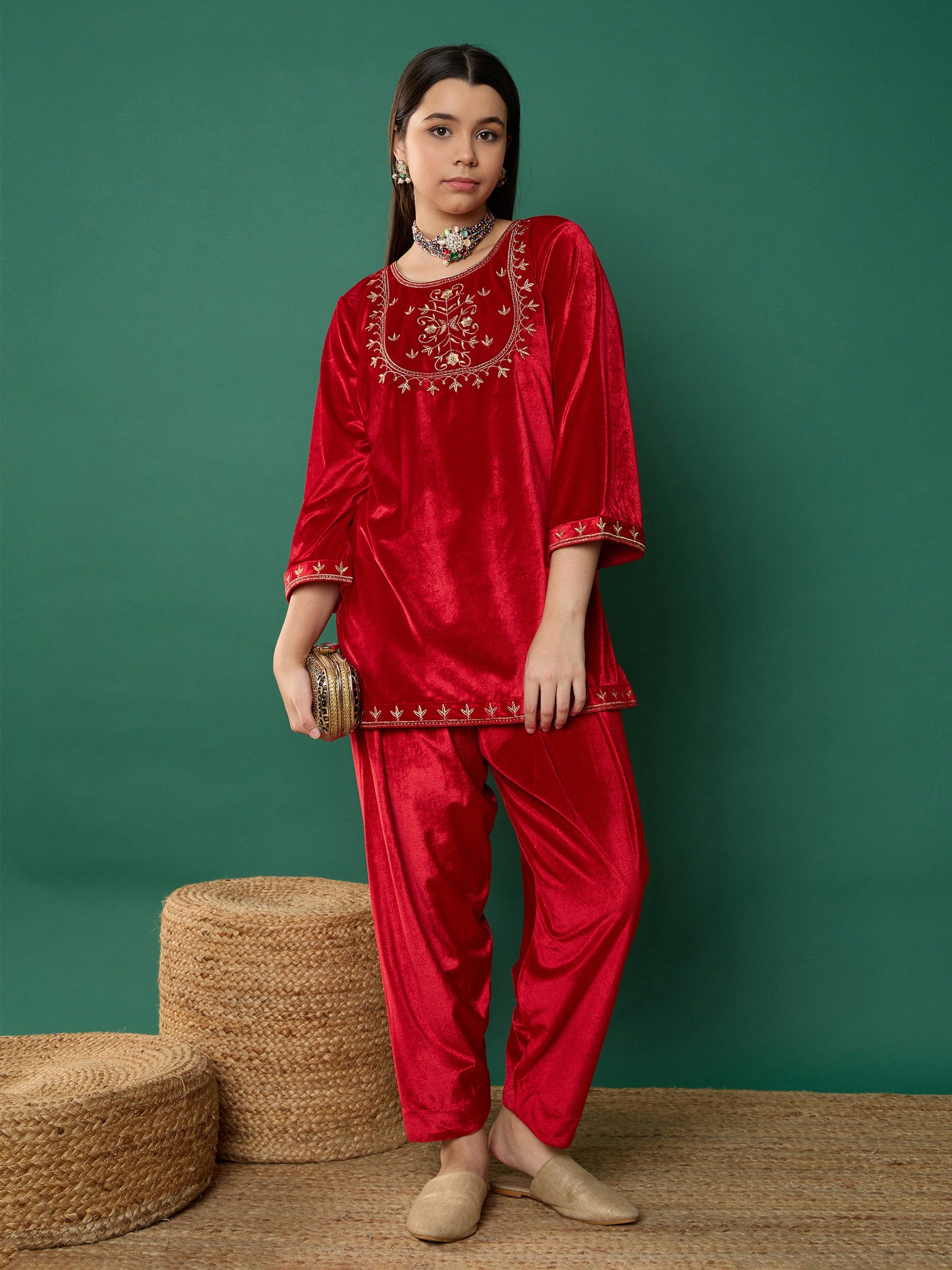 Red Velvet Embroidered Short Kurta with Salwar-Noh.Voh