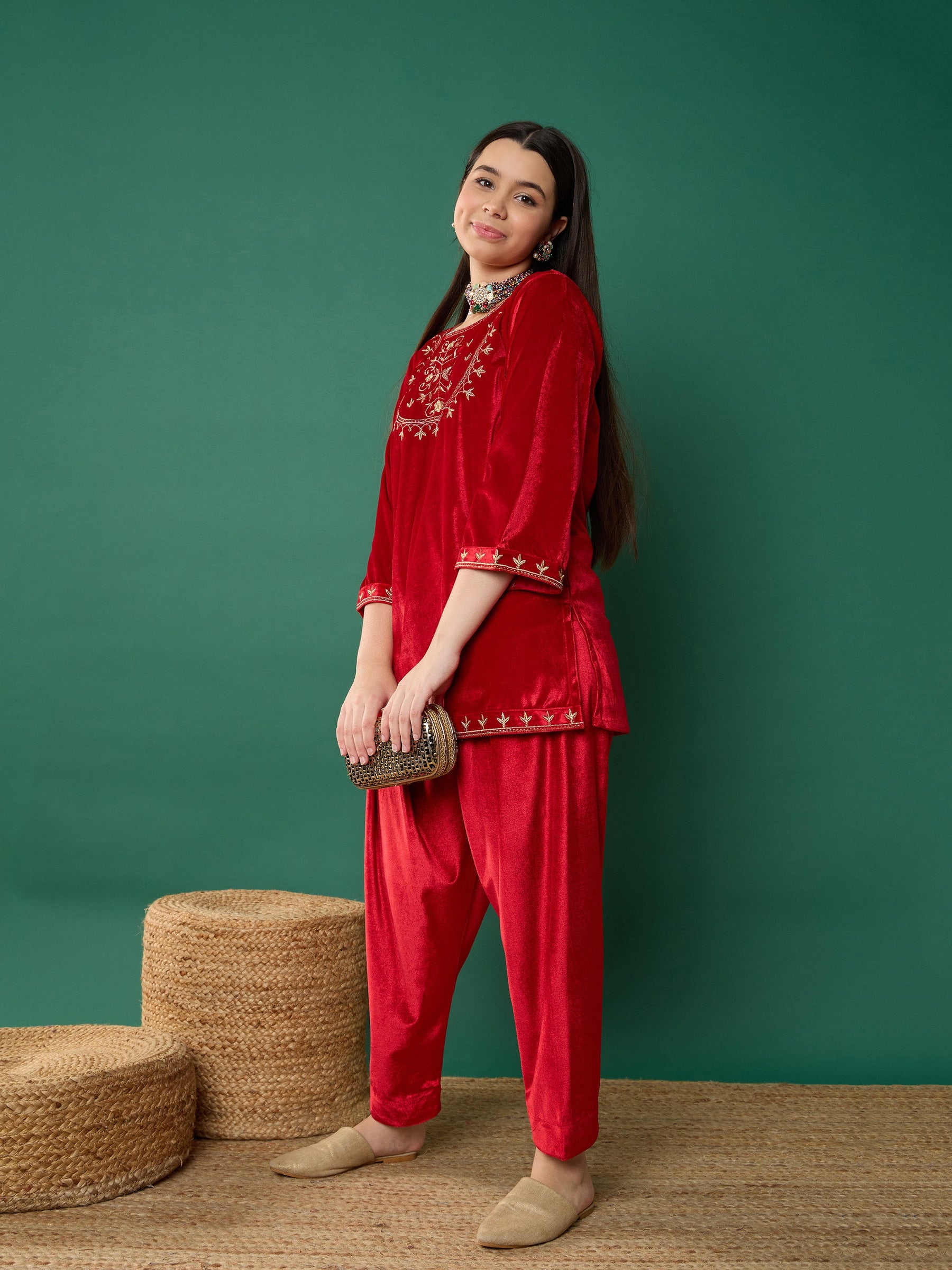 Red Velvet Embroidered Short Kurta with Salwar-Noh.Voh