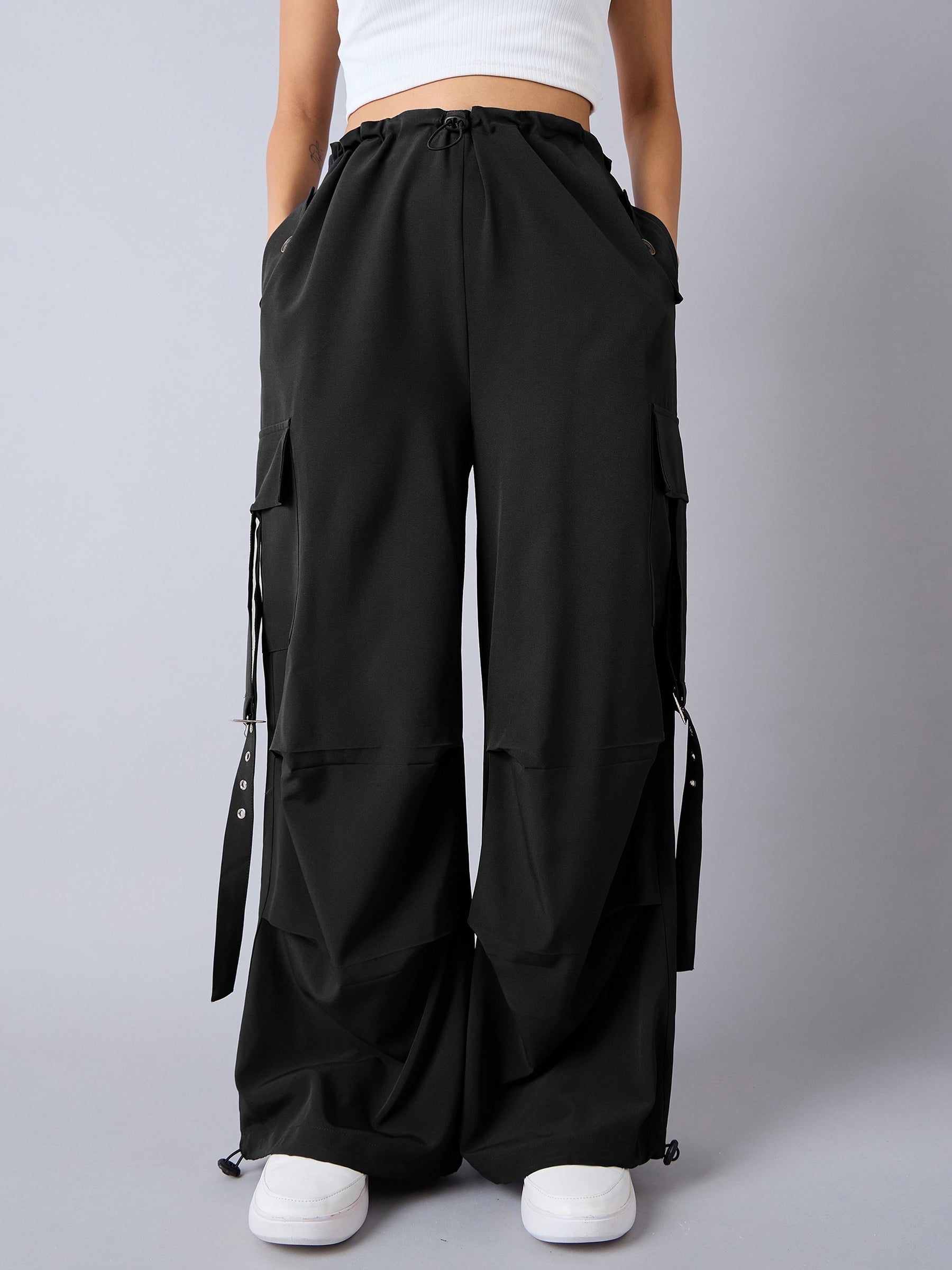 Black Side Metal Buckle Detail Parachute Cargos-Noh.Voh