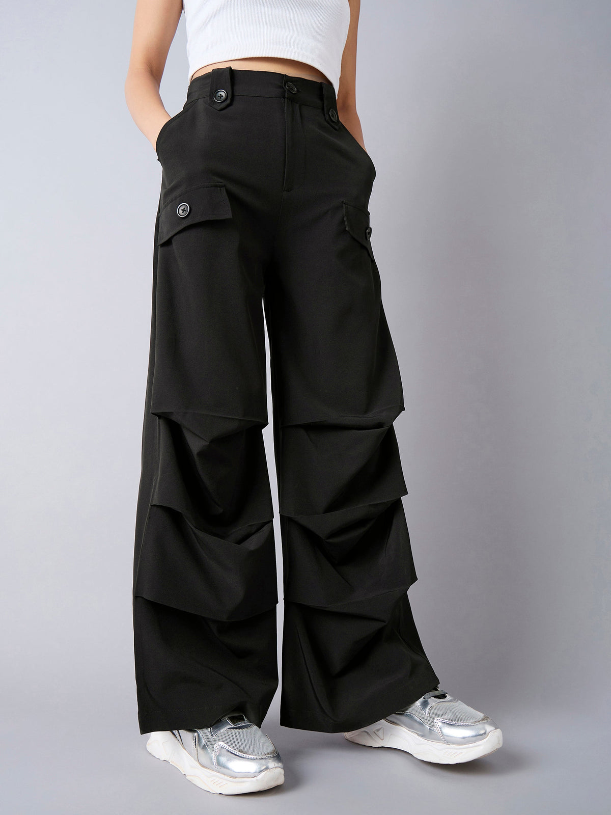 Black Pintuck Parachute Cargos-Noh.Voh