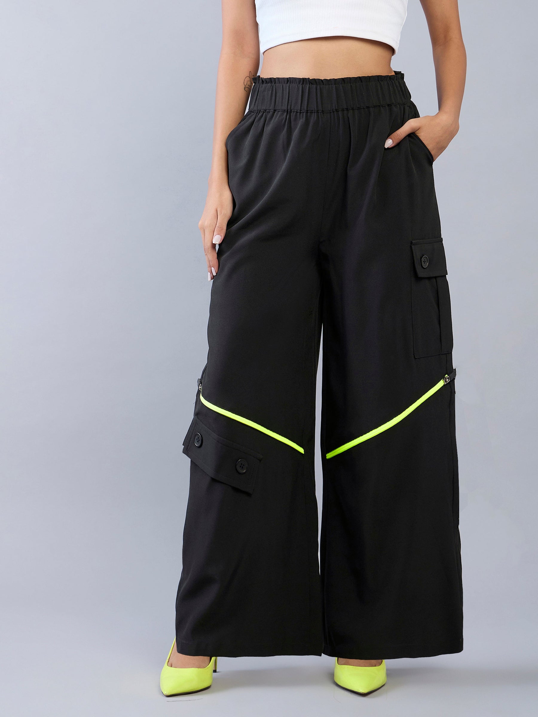 Black Neon Zipper Detail Parachute Cargos-Noh.Voh