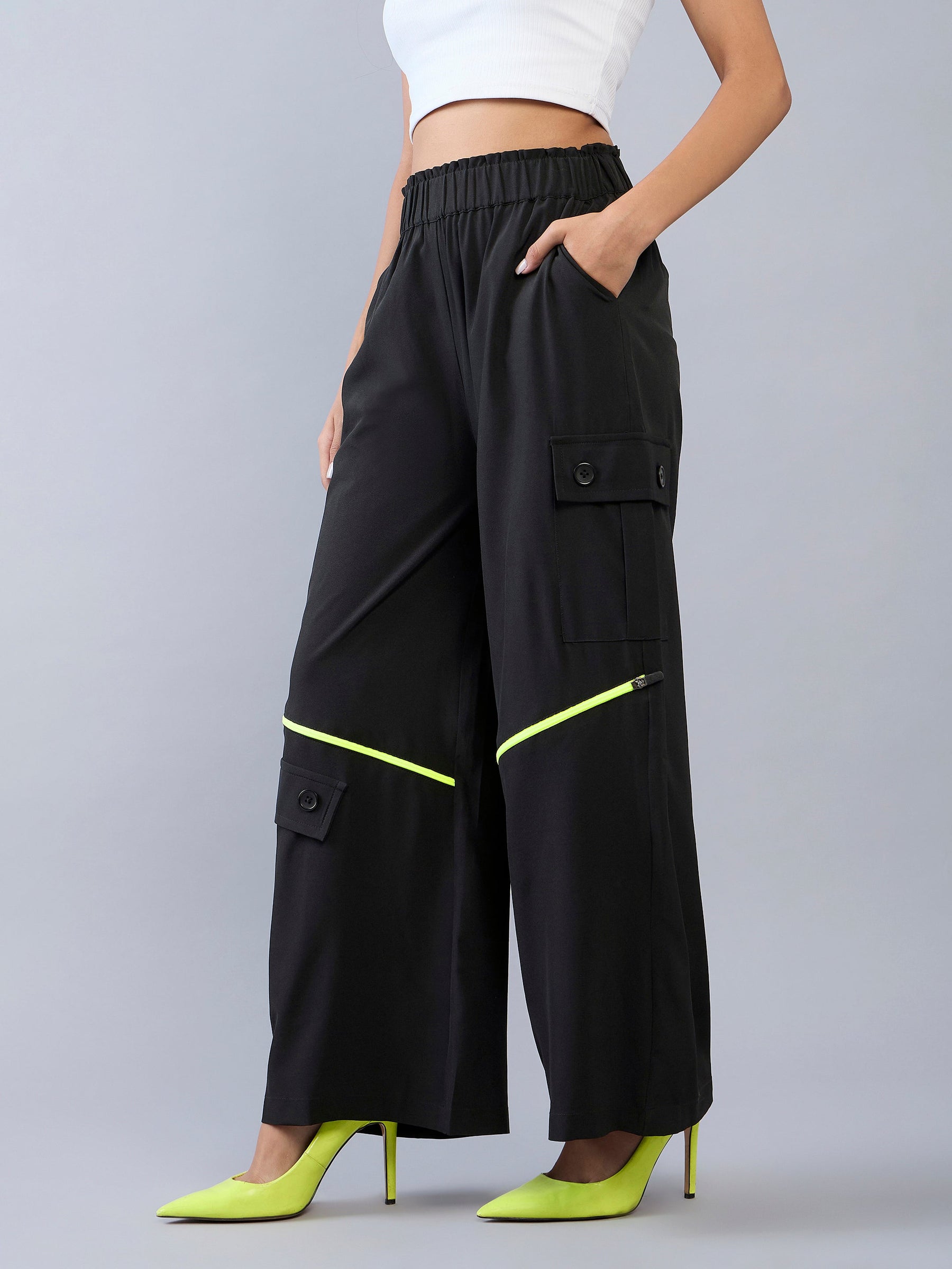 Black Neon Zipper Detail Parachute Cargos-Noh.Voh