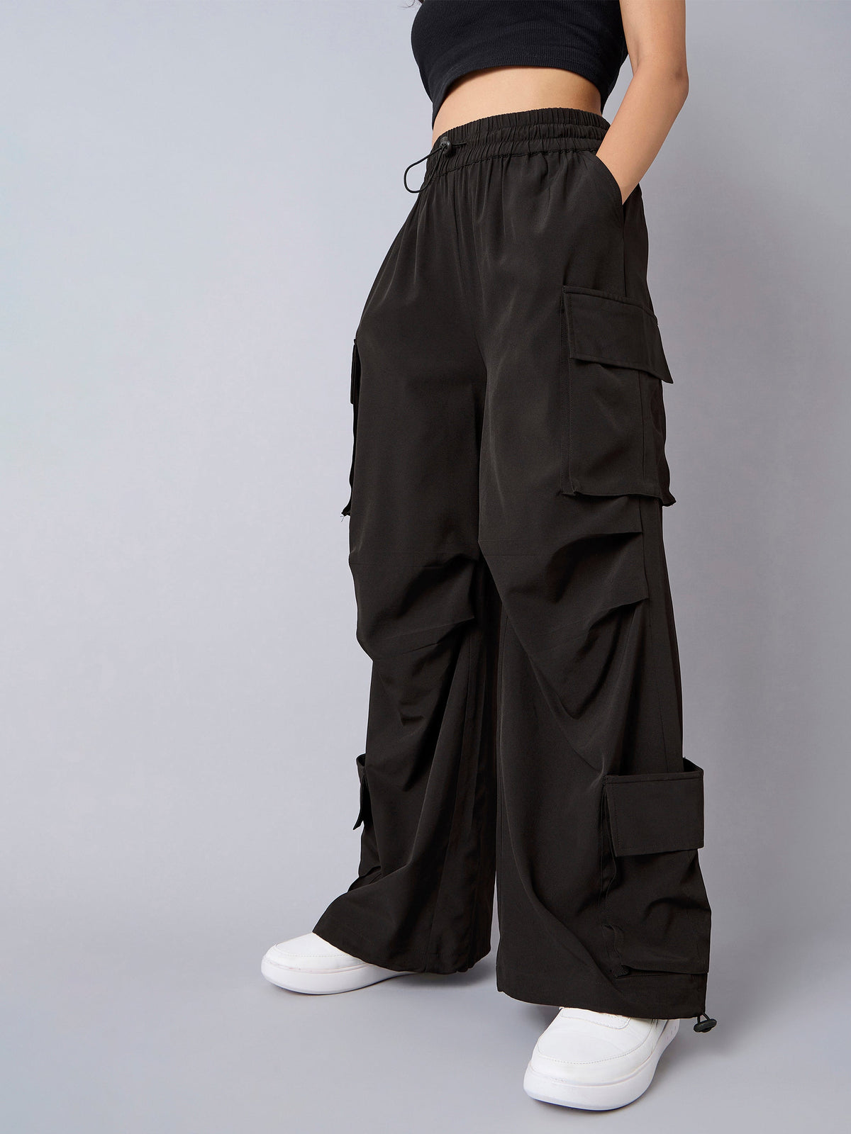 Black Multi Pockets Parachute Cargos-Noh.Voh