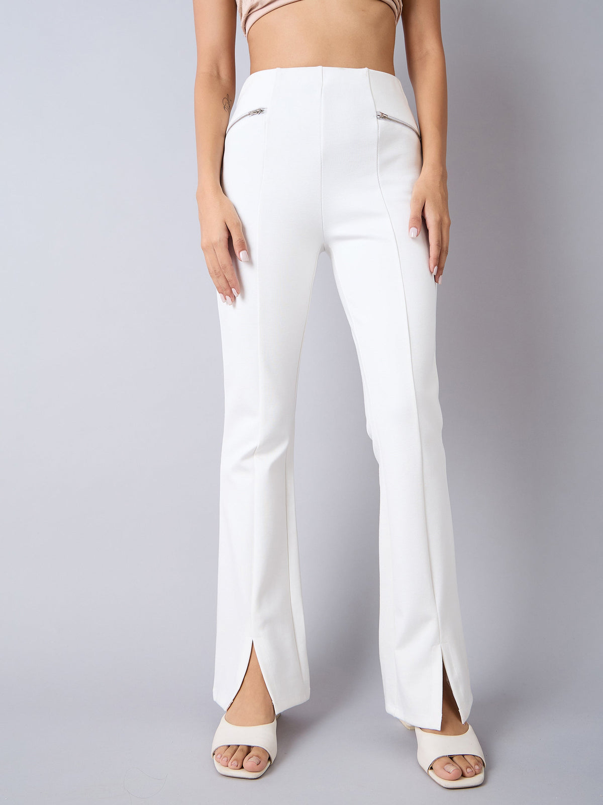 White Front Slit Bell Bottom Zipper Detail Pants-Noh.Voh