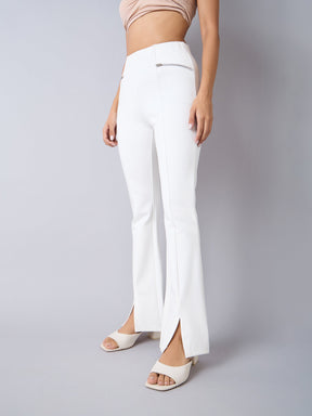 White Front Slit Bell Bottom Zipper Detail Pants-Noh.Voh