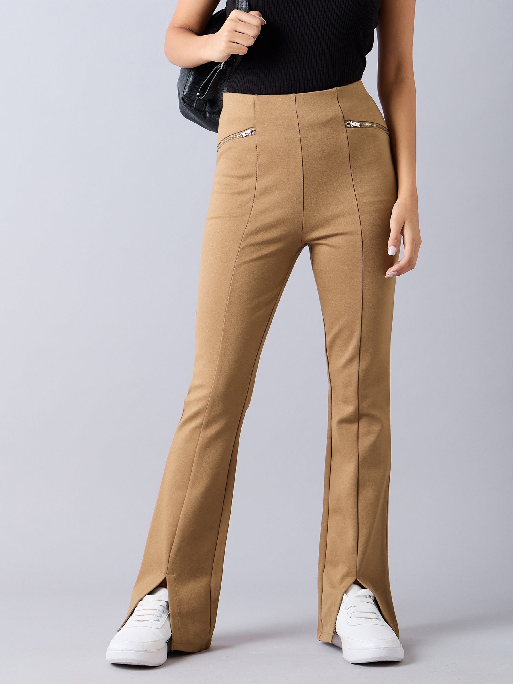 Tan Front Slit Bell Bottom Zipper Detail Pants-Noh.Voh