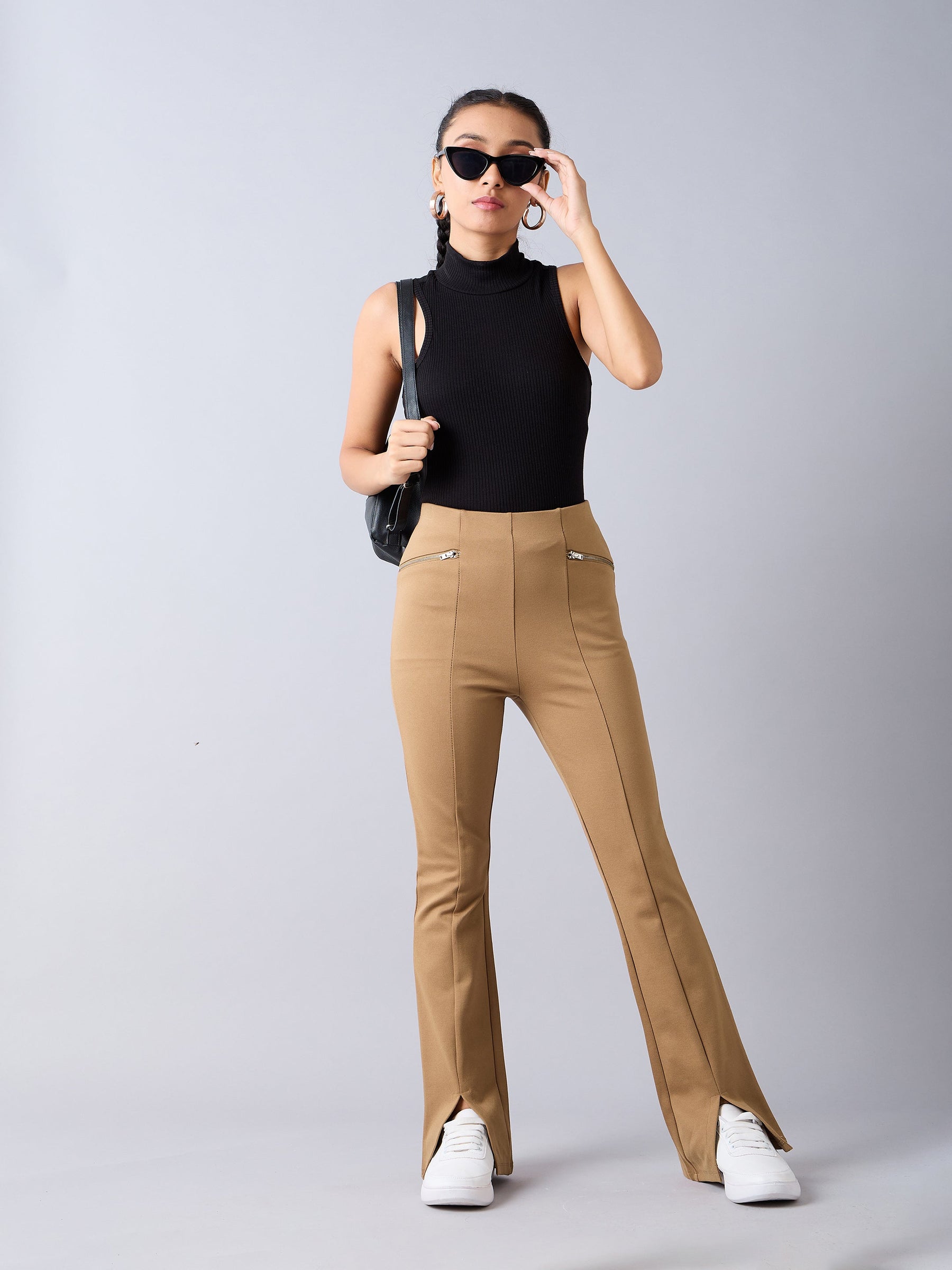 Tan Front Slit Bell Bottom Zipper Detail Pants-Noh.Voh