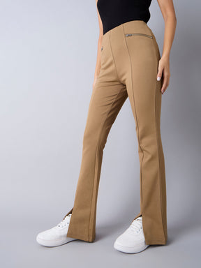 Tan Front Slit Bell Bottom Zipper Detail Pants-Noh.Voh