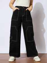 Black Twill White Contrast Thread Straight Pants -Noh.Voh