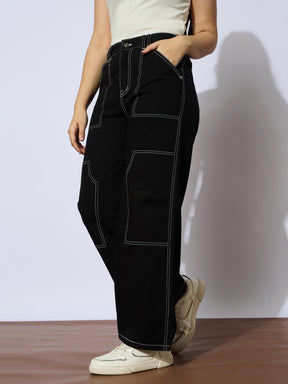 Black Twill White Contrast Thread Straight Pants -Noh.Voh