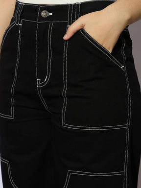 Black Twill White Contrast Thread Straight Pants -Noh.Voh