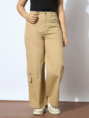 Beige Twill White Contrast Thread Straight Pants -Noh.Voh