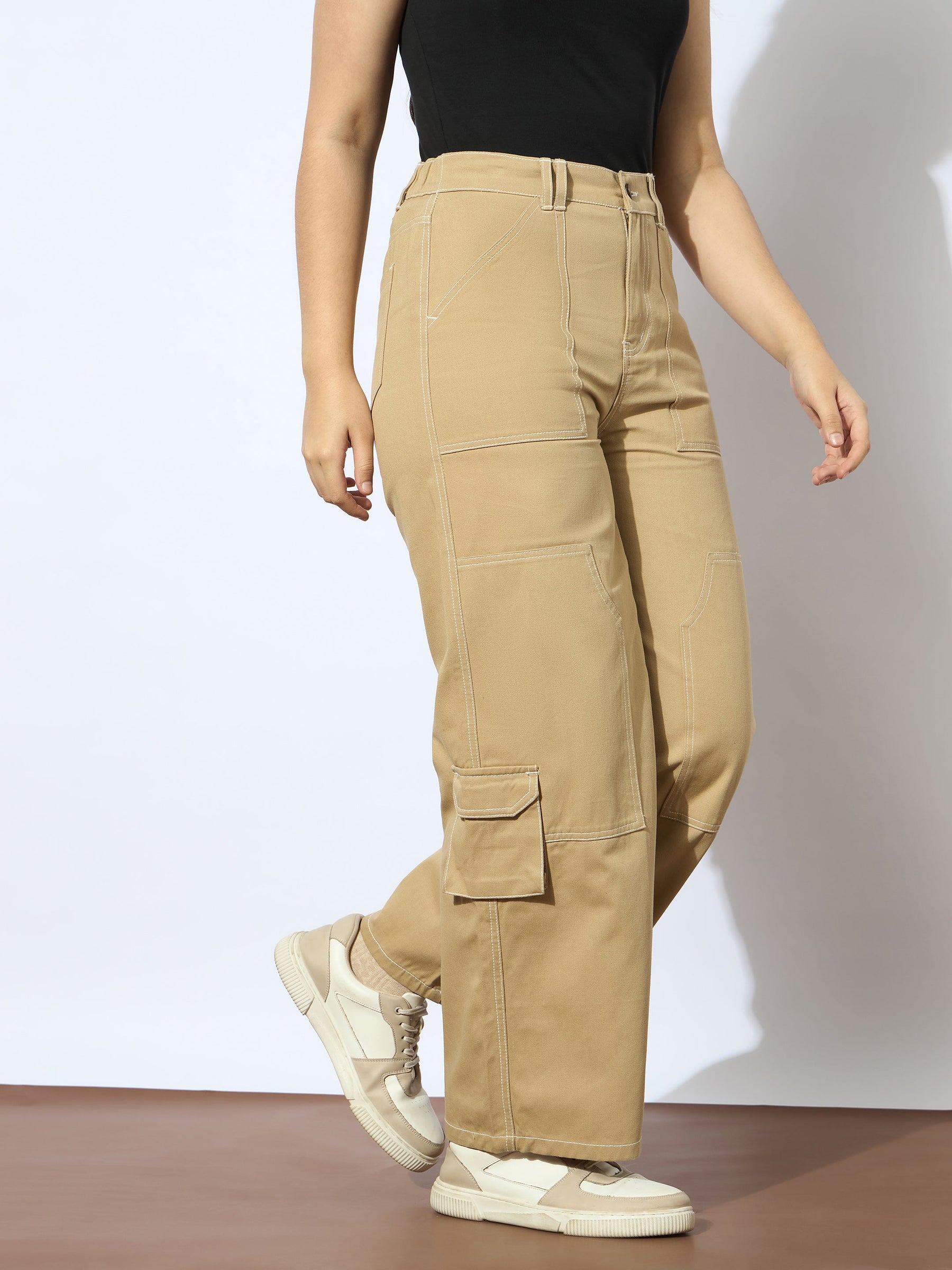 Beige Twill White Contrast Thread Straight Pants -Noh.Voh