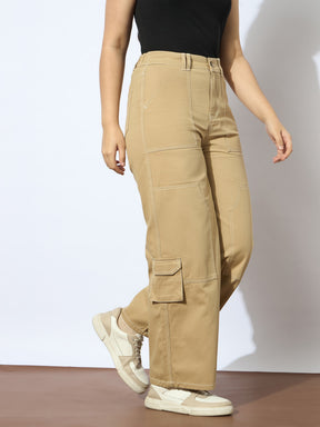 Beige Twill White Contrast Thread Straight Pants -Noh.Voh