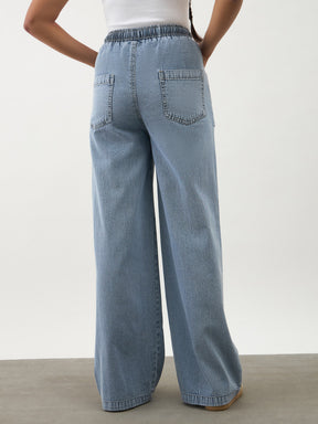 Girls Blue Wash Denim Drawstring Pants